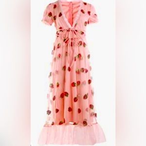 Tulle mesh Gauze Long Dress Sequin Embroidery Pink Strawberry Dress